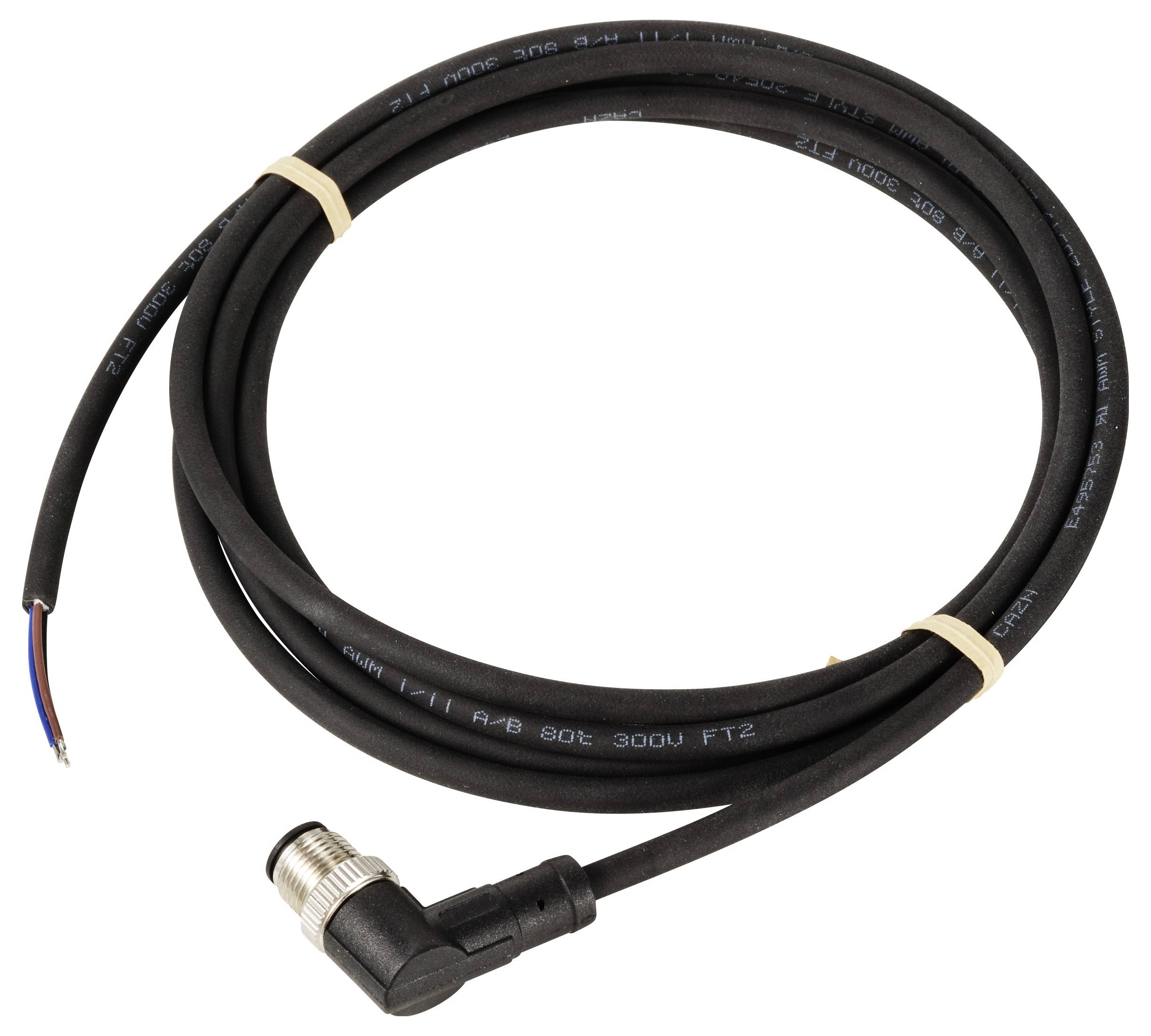 'En svart, lindad elektrisk kabel med en metallanslutning i ena änden och avisolerade trådar i den andra änden.'