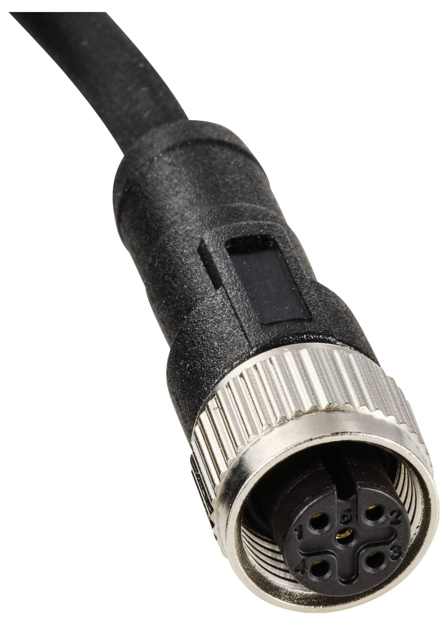 En svart kabelkontakt med en silvermetallring och flera anslutningsplatser vid änden, avsedd för elektriska anslutningar.