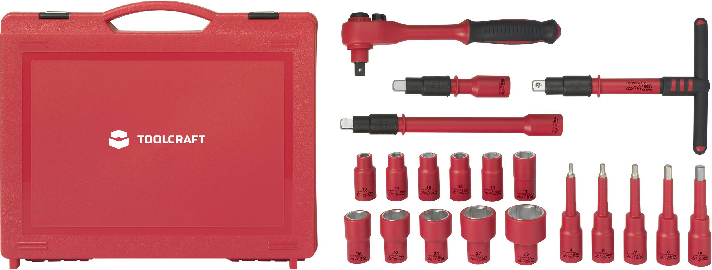 Röd TOOLCRAFT-verktygslåda med spärrhandtag, förlängningar och olika hylsnyckelbits, placerad på vit bakgrund.