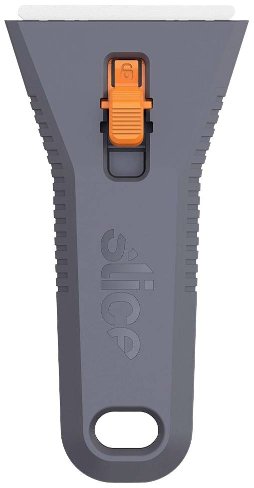 Grå universell skrapa med orange skjutbar blad, 'Slice'-logotyp på handtaget. Lämplig för rengöring och skrapning.