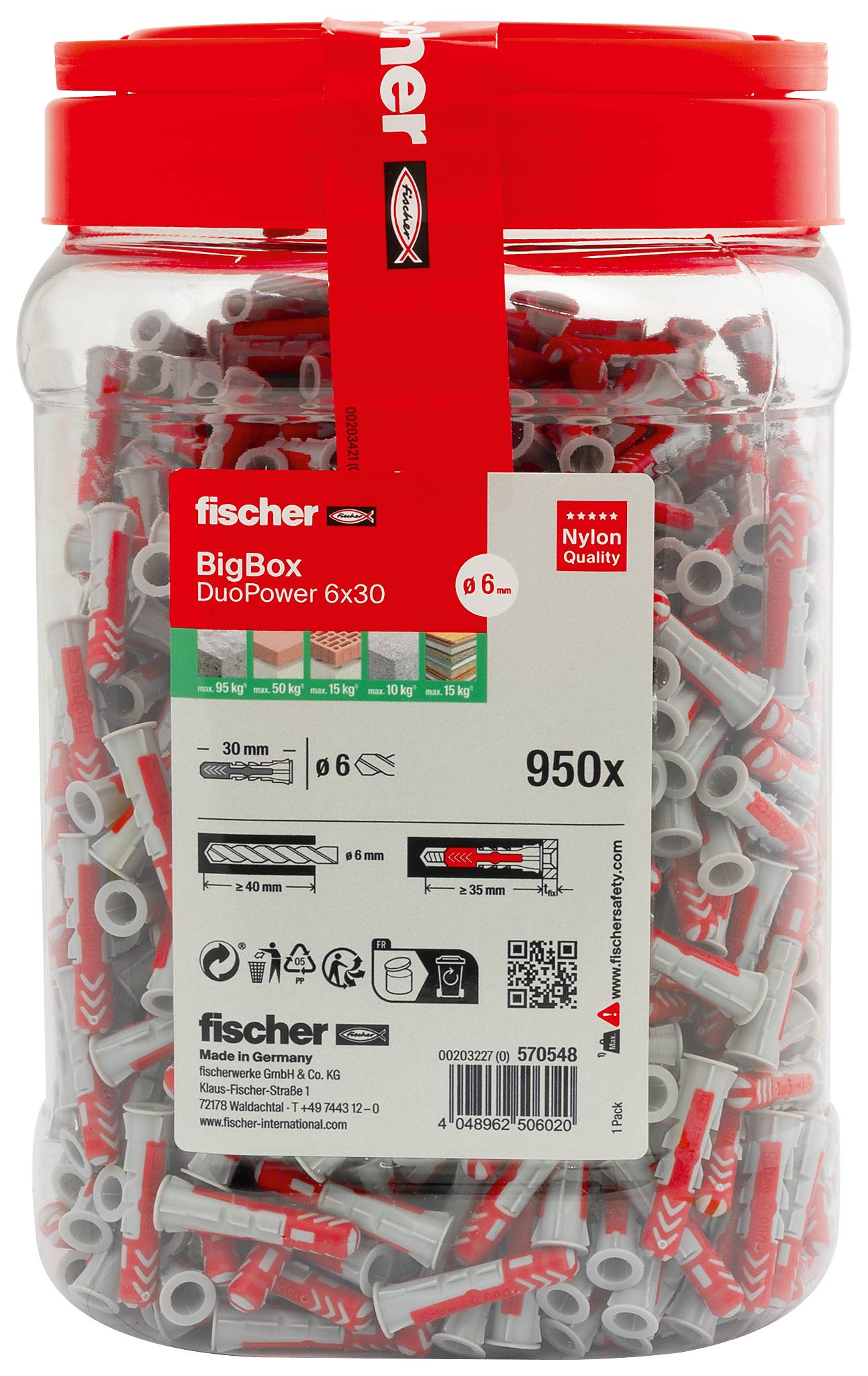 Burk med Fischer DuoPower väggpluggar, märkt "BigBox DuoPower 6x30" och "950x", fylld med grå och röda förlängningar.