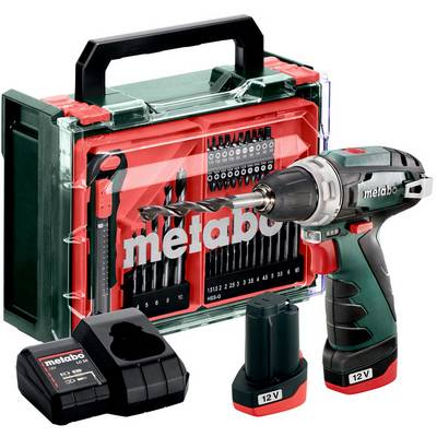 Metabo 12V trådlös borrmaskin med batteri, laddare och borrbitsats i en bärbar väska.