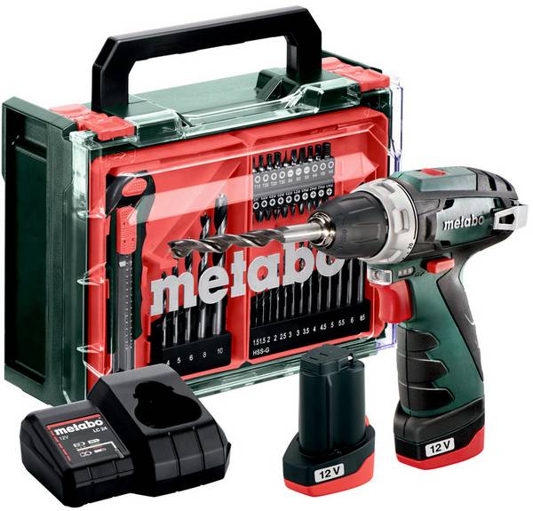 Metabo PowerMaxx BS Basic Set 600080710 Borrskruvdragare batteri  12 V 2 Ah Li-Ion inkl. 2x batterier, inkl. laddare, borstfri, inkl. väska, inkl. Tillbehör