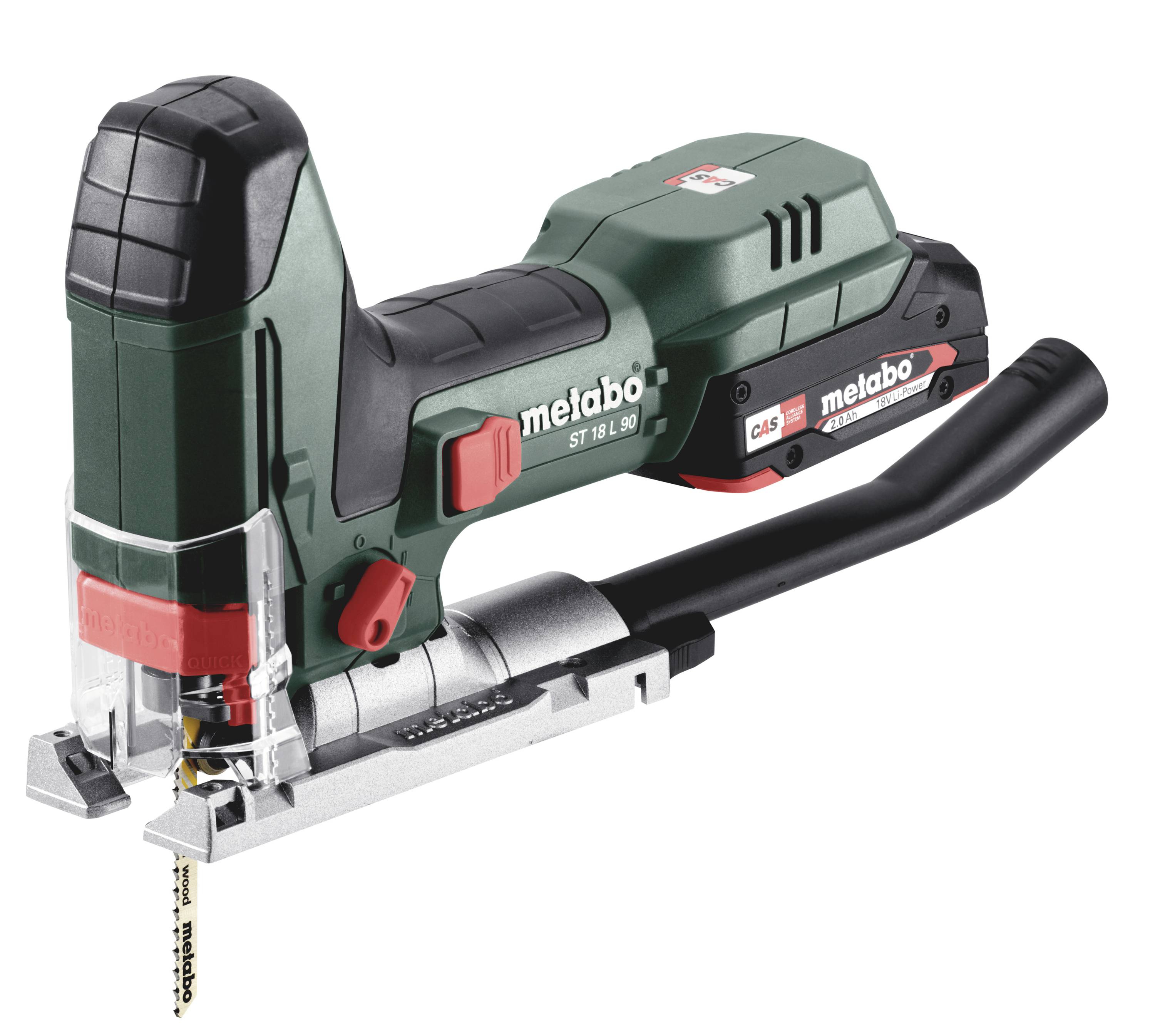 'Akustisk såg Metabo ST 18 L 90' på vit bakgrund, handverktyg med ergonomiskt handtag och skyddshuv, idealisk för precisionsågning.
