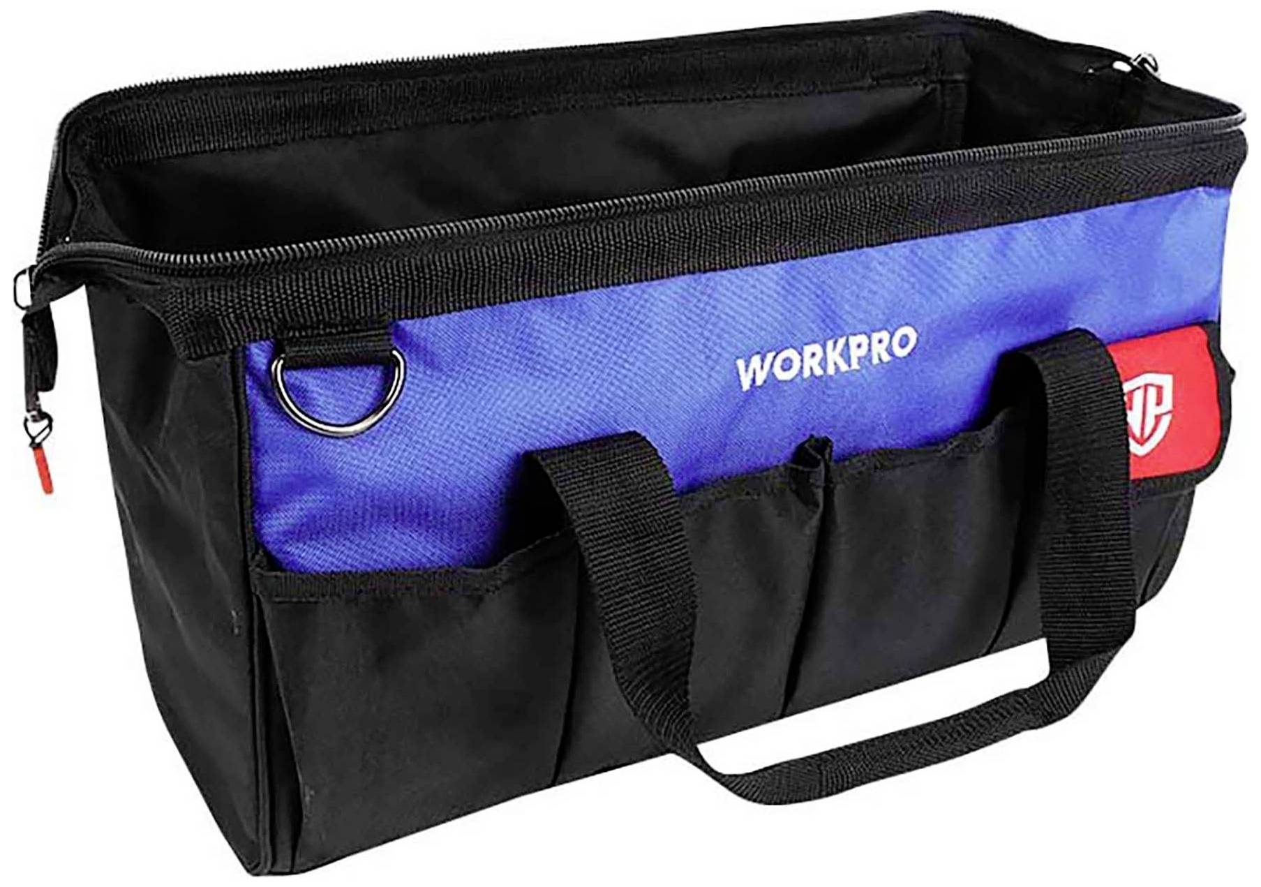 Svart och blå verktygväska med röda accenter, främre fack och handtag, visar varumärket 'WORKPRO'.