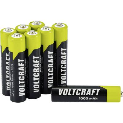 Åtta 'Voltcraft 120V AAA Micro HR03' batterier, ett ligger separat. Gul-svart design, 1000 mAh. Perfekt för elektroniska enheter.