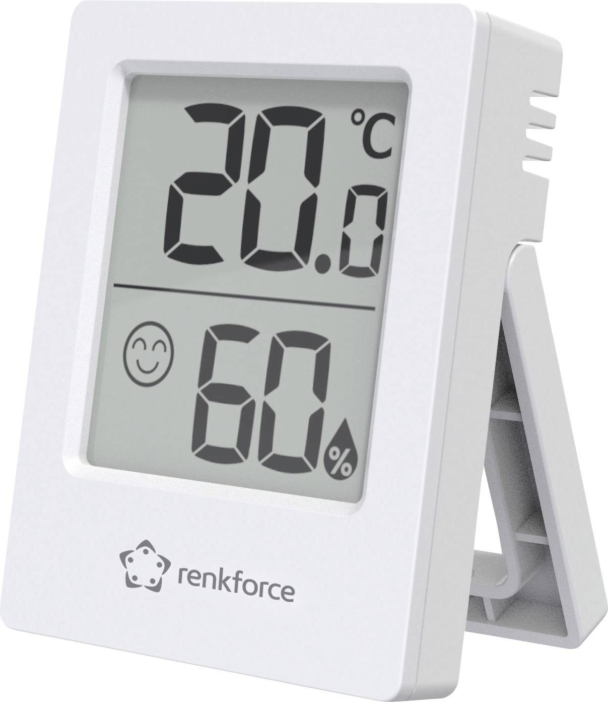 Digitalt termometer och hygrometer visar 20 grader Celsius och 60 procent luftfuktighet, med en leende ansiktsindikator.