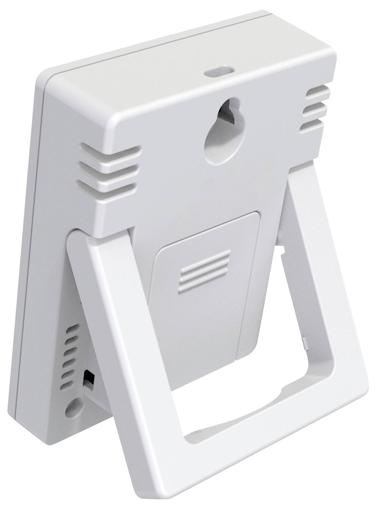 En vit, rektangulär enhet med vikbar stativfot, baksidan visar ventilationsspringor. Sannolikt ett bordstermometer.