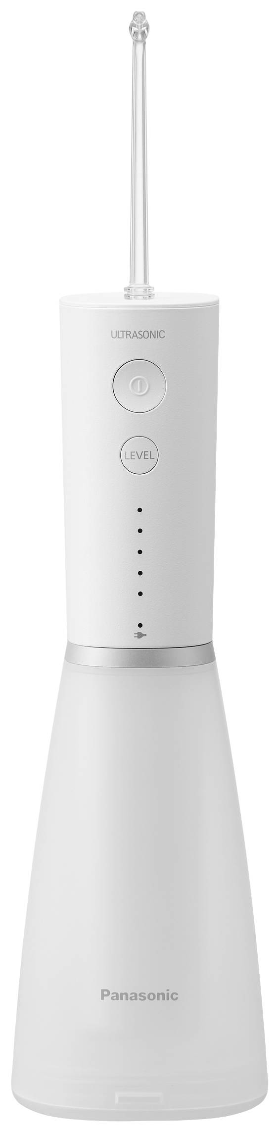 En vit, bärbar tandrengörare med två knappar för inställning och en smal vattenstråle för tandvård.