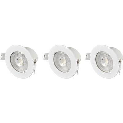 Tre runda, vita taklampmor i rad. Varje lampa har ett klart glas och innehåller en LED-belysning.