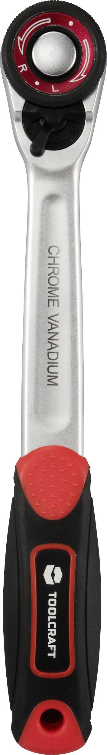 Silverfärgad skiftnyckel med röd och svart handtag. Påskrift 'CHROME VANADIUM'.