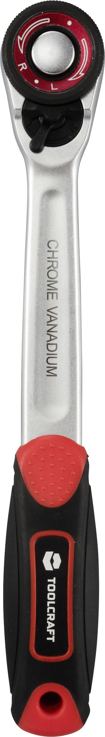 En silverfärgad spärrskiftnyckel med böjbar del och röd, ergonomisk handtag. Påskrift: 'Chrome Vanadium'.