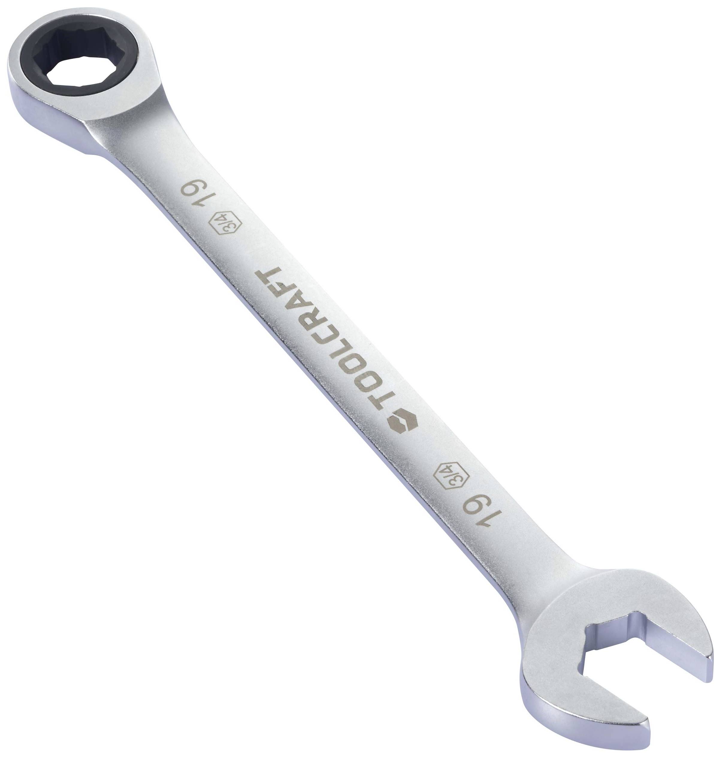 En silverfärgad ringnyckelnyckel med öppen käft och ringnyckelsände. Påskrift 'Toolcraft', storleksangivelse '19' synlig.
