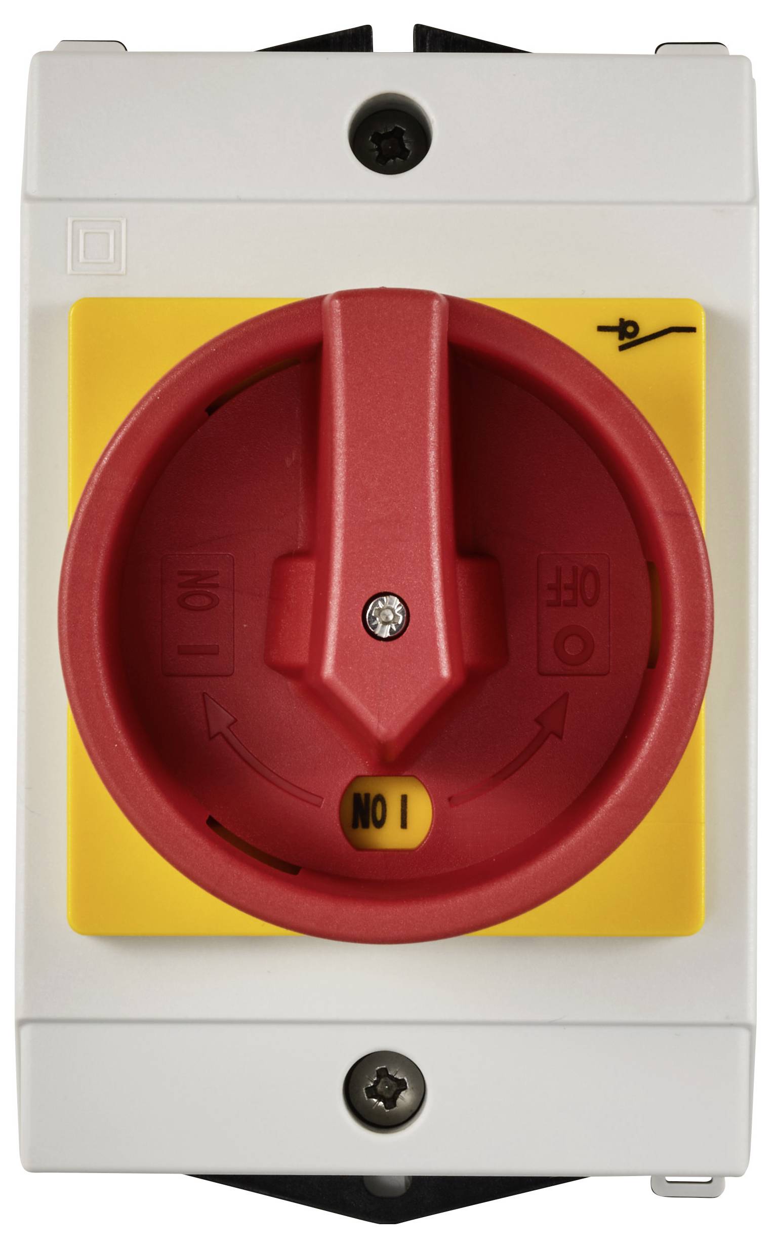 Röd nödstoppsbrytare på gul bakgrund i frånläge. Omgiven av engelska etiketter med pilar och markeringar.