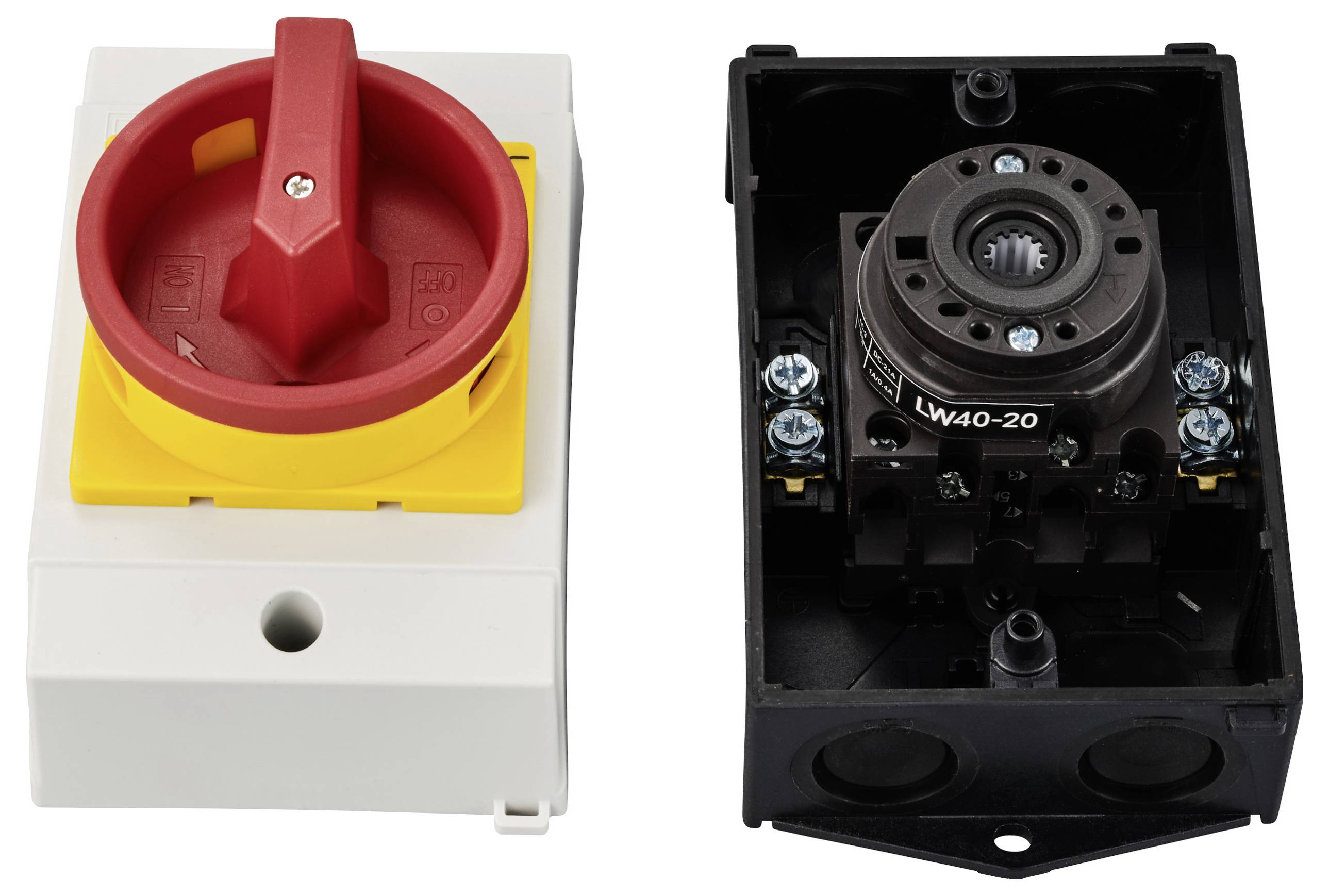 'Bilden visar en röd säkerhetsbrytare på en gul bas och en öppen svart kopplingslåda med synliga anslutningar.'