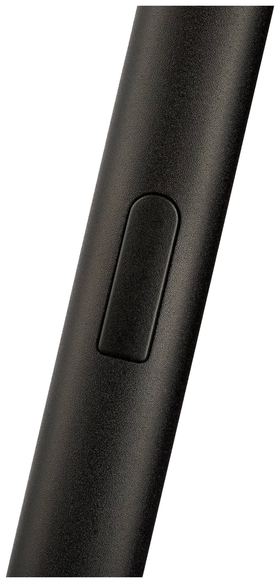 Ett svart, avlångt föremål med en knapp på sidan. Sannolikt en del av en teknisk apparat, exempelvis en fjärrkontroll.