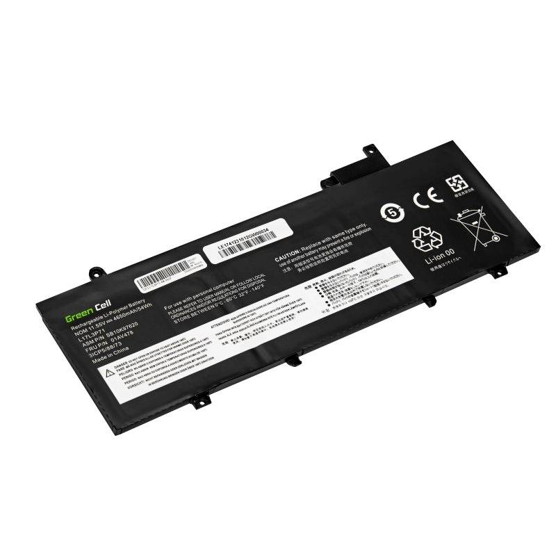 En rektangulär laptopbatteri från Green Cell, svart med vita etiketter och symboler.
