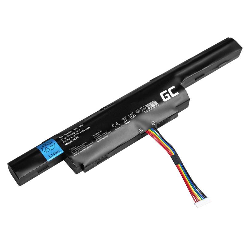 Svart litiumjonbatteri med färgglatt kabel; påtryckta symboler och text inklusive batterityp och -specifikationer.