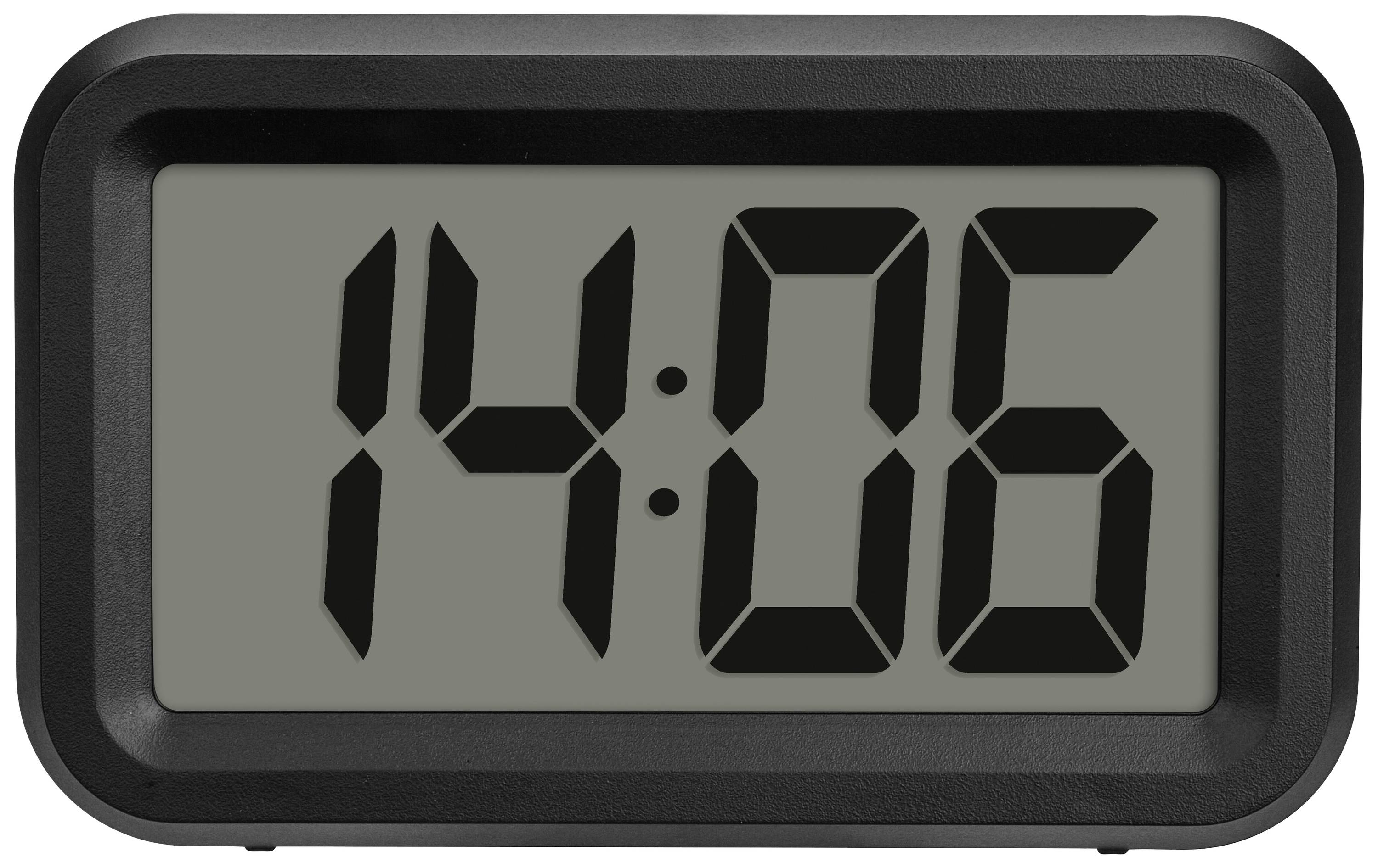 Digital klocka visar tiden '14:06'. Svart ram med grå bakgrund.