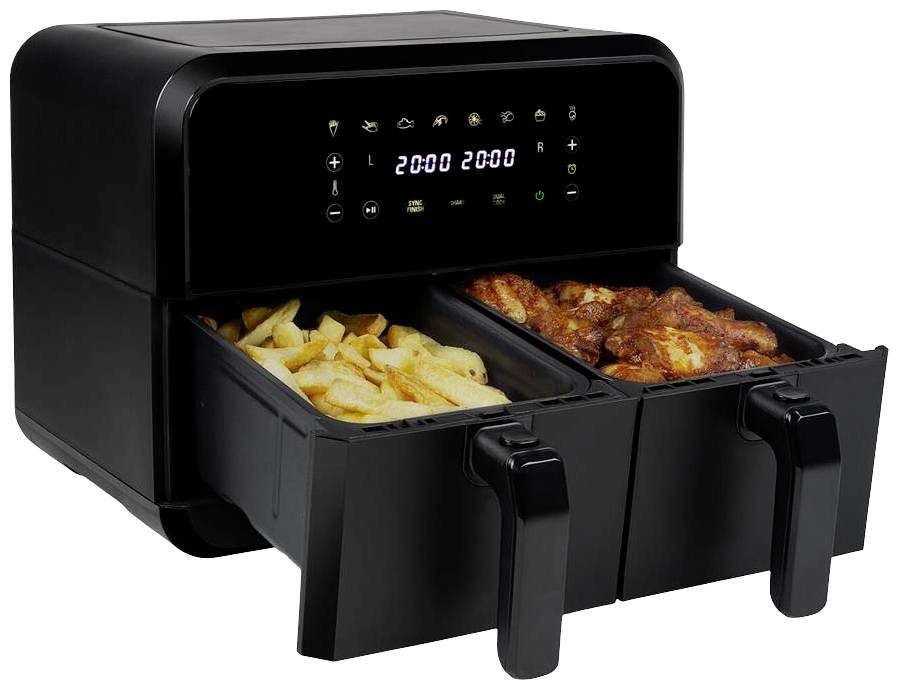 Tvåkammars luftfritös med digitalt display som visar tid- och temperaturinställningar. En kammare innehåller pommes frites, den andra kyckling.