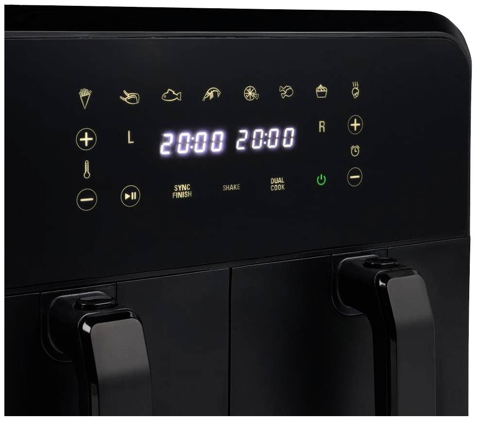 En svart, digitaliserad kontrollpanel på ett köksredskap visar symboler för matlagning och en tid på '20:00'.