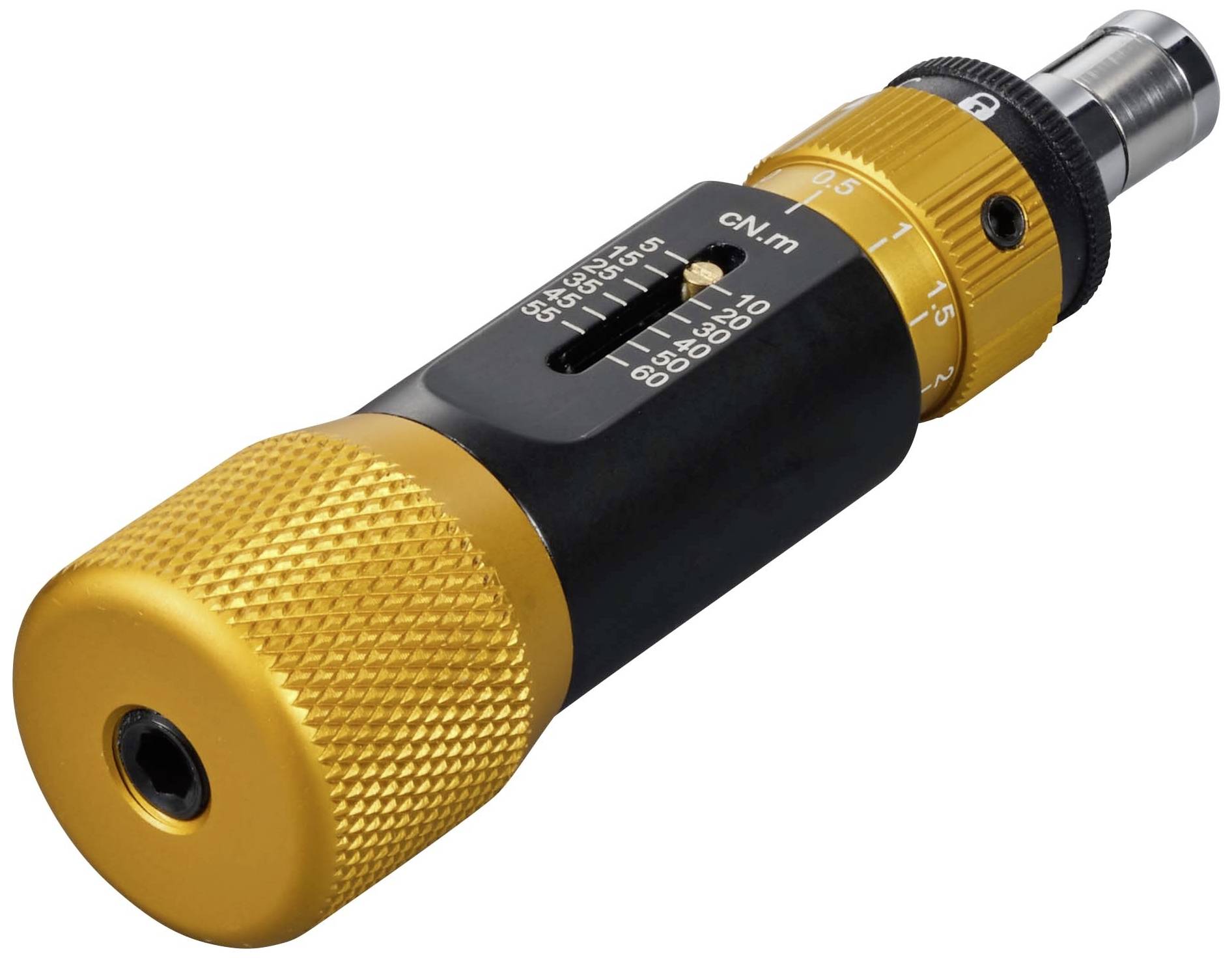 Momentnyckel med gyllene och svarta delar, skala i newtonmeter, för precisionsåtdragning av skruvar.