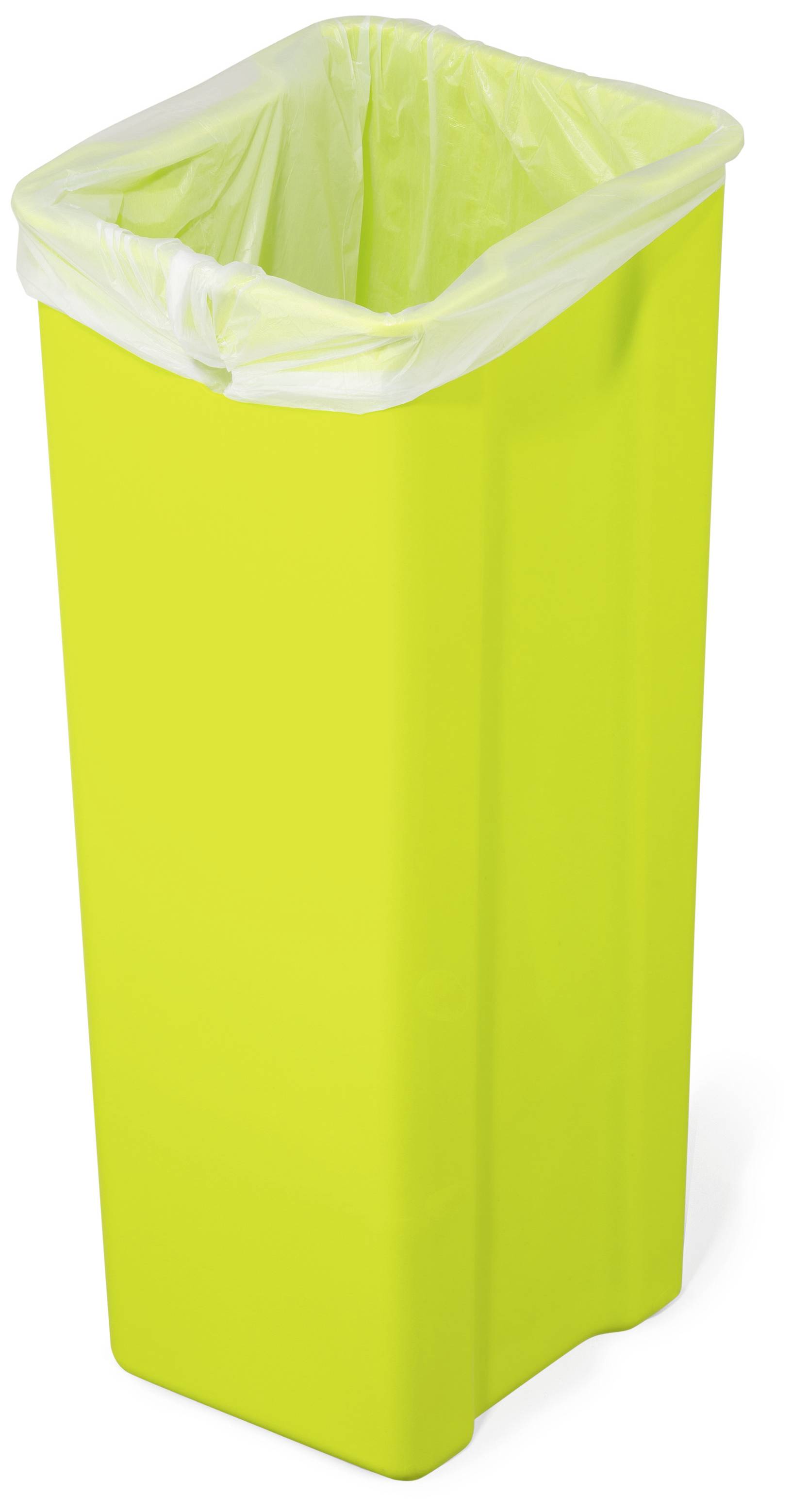 Neonsgul soptunna med vit plastpåse.