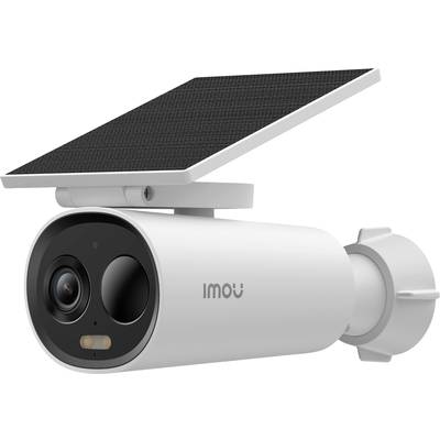 En vit övervakningskamera från Imou med solpanel ovanpå, lämplig för utomhusbruk. Den har två linser och en minimalistisk design.