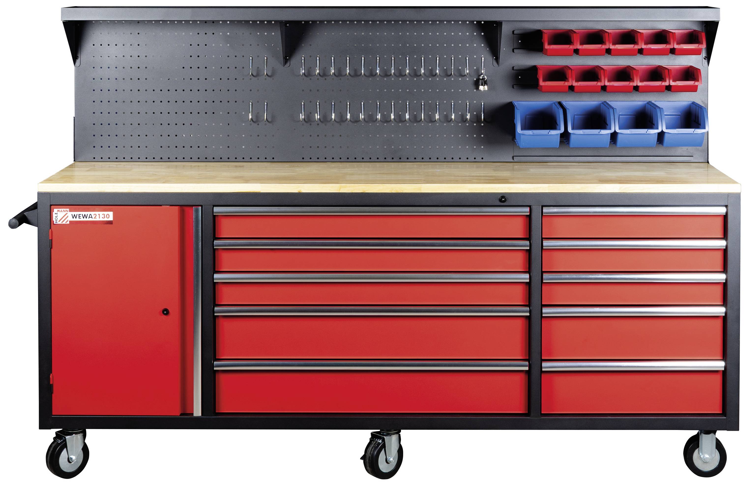 Arbetsbänk med träyta, röda lådor och en svart överdel med krokar, hyllor och blå behållare för verktyg.