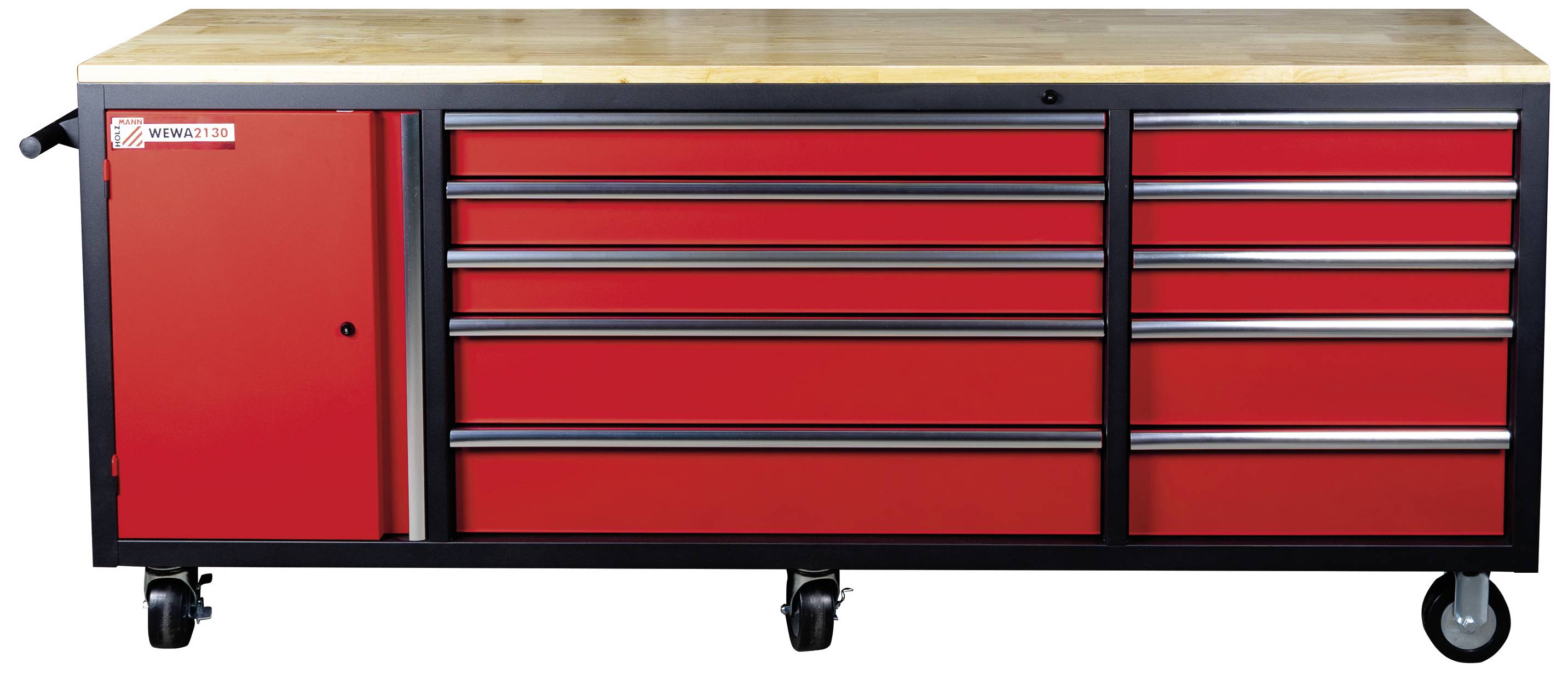 Röd arbetsbank på hjul med flera lådor och ett skåpfack, idealisk för organisering av verktyg i verkstäder.