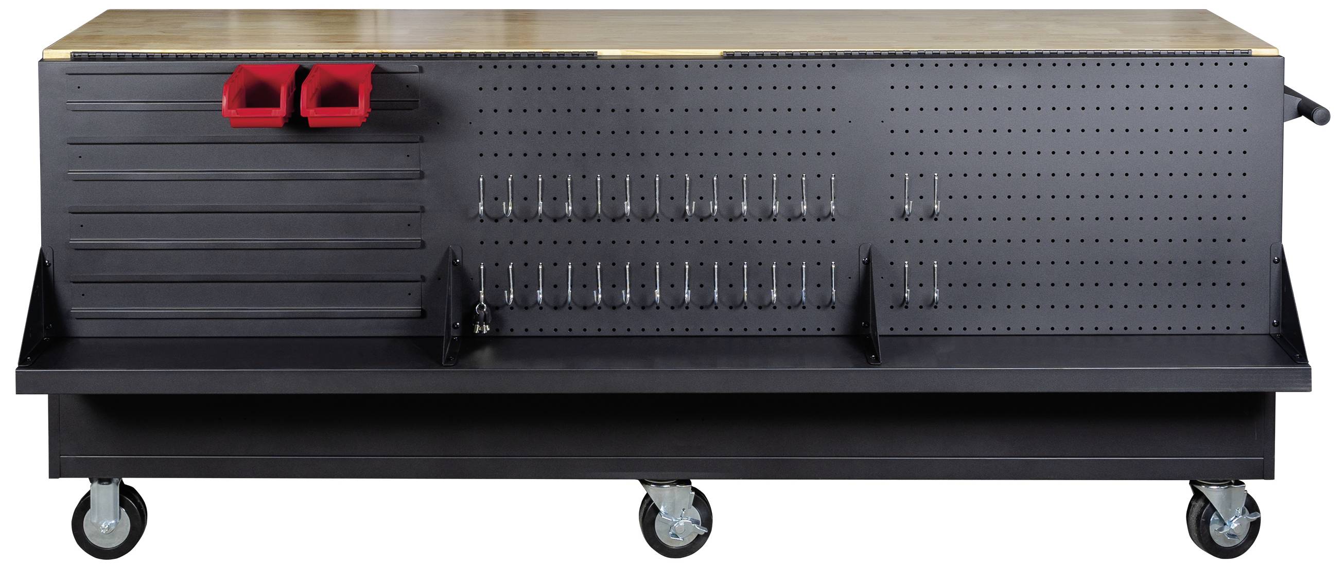En verktygsvagn med hjul och en träarbetsyta. På framsidan finns röda behållare och krokar för verktygsförvaring.