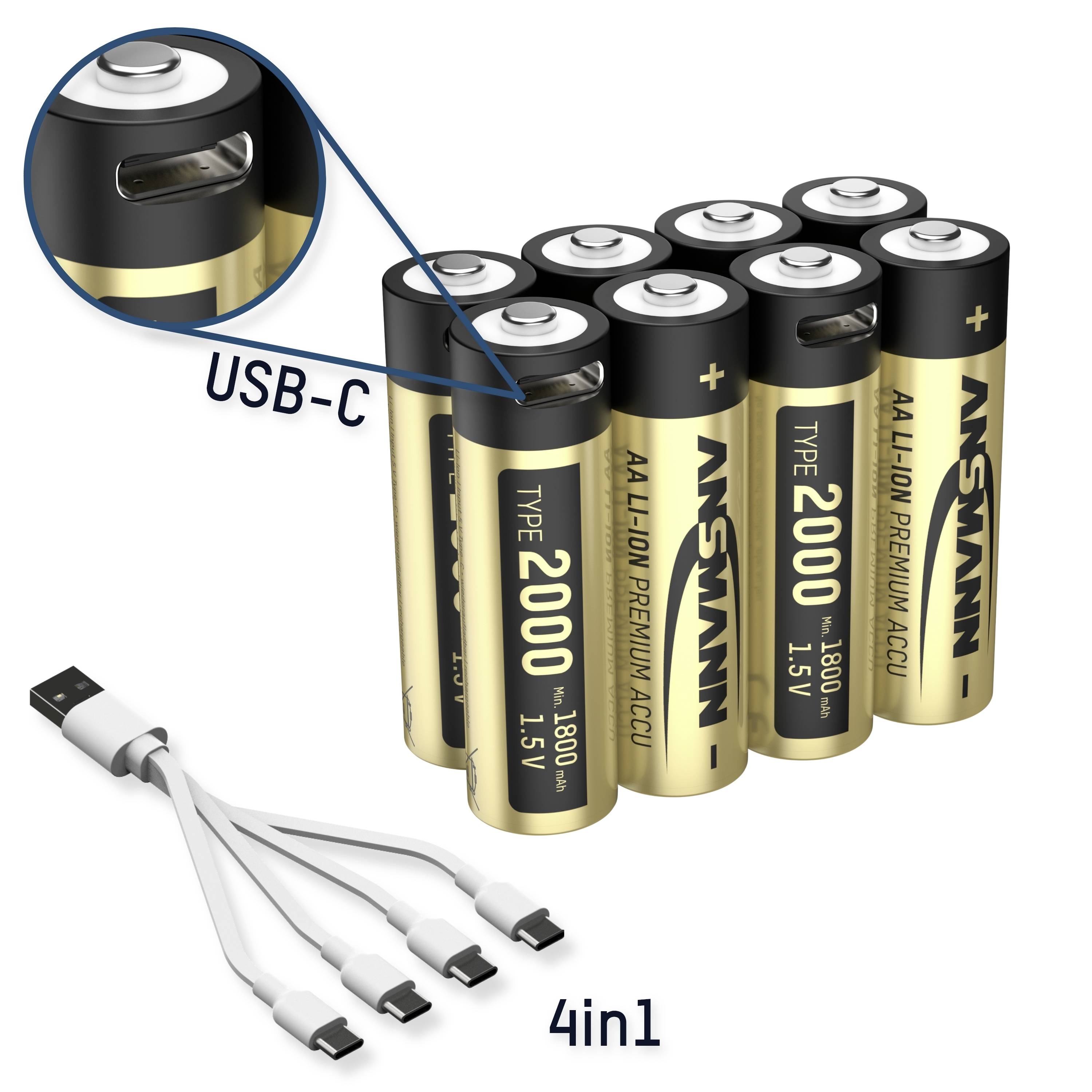En uppsättning om tio AA-batterier. Det översta batteriet har en USB-C-port. Längst ner i bilden finns en 4-i-1-laddningskabel.