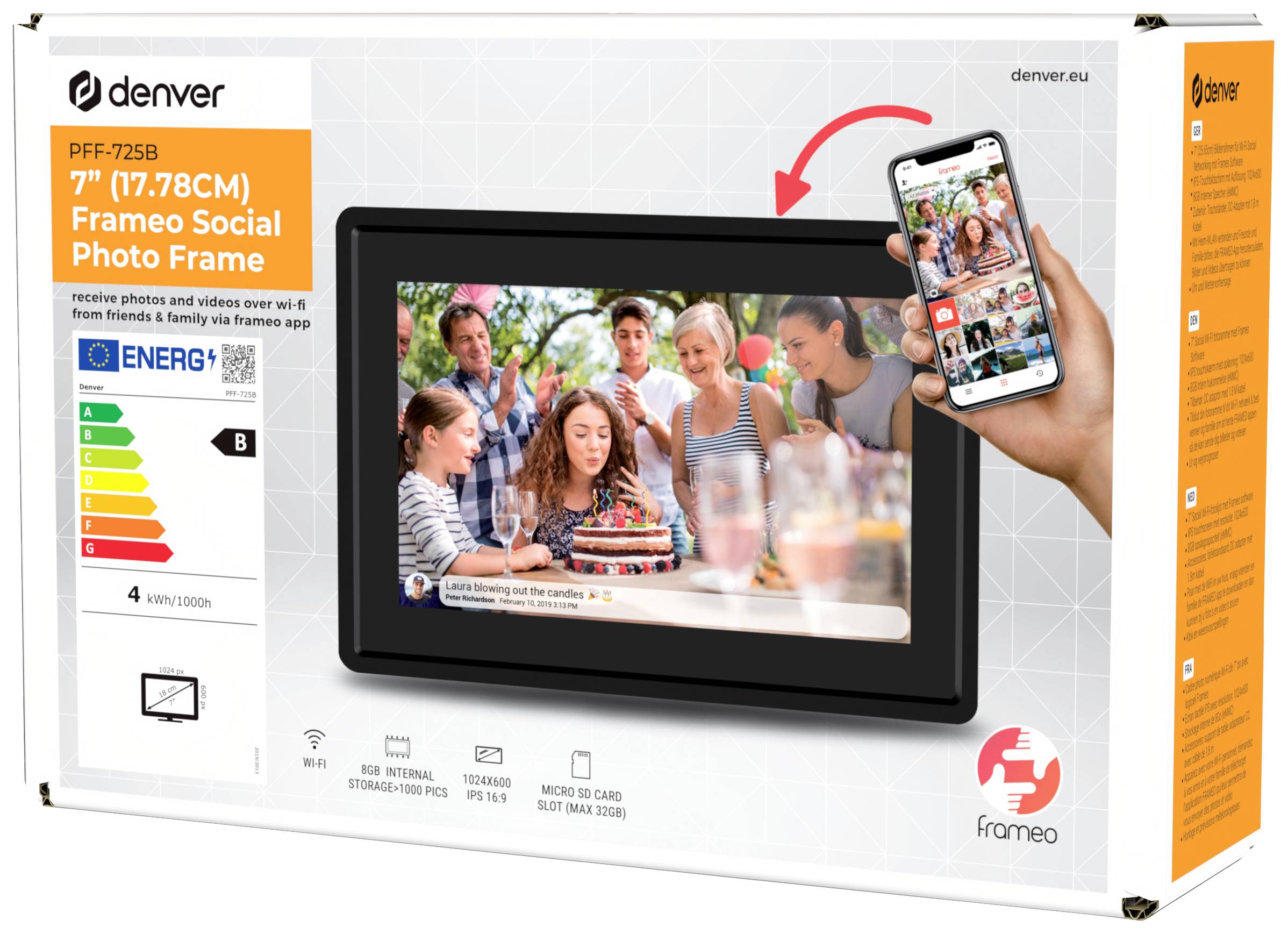 Digital fotoram förpackning, visar ett foto av en grupp som firar. Ramens namn och bildöverföringsfunktion via app framhävs.