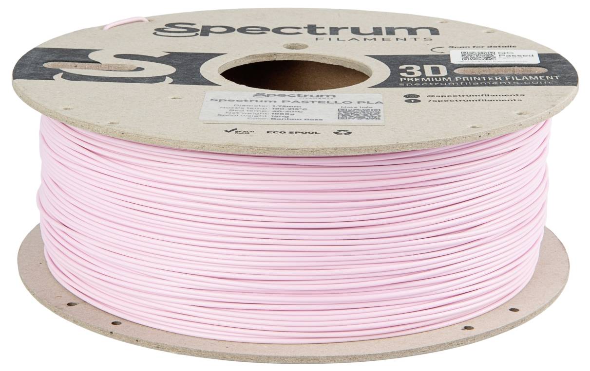 En spole med rosa 3D-skrivarfilament från Spectrum Filaments, lindad på en pappersbas.