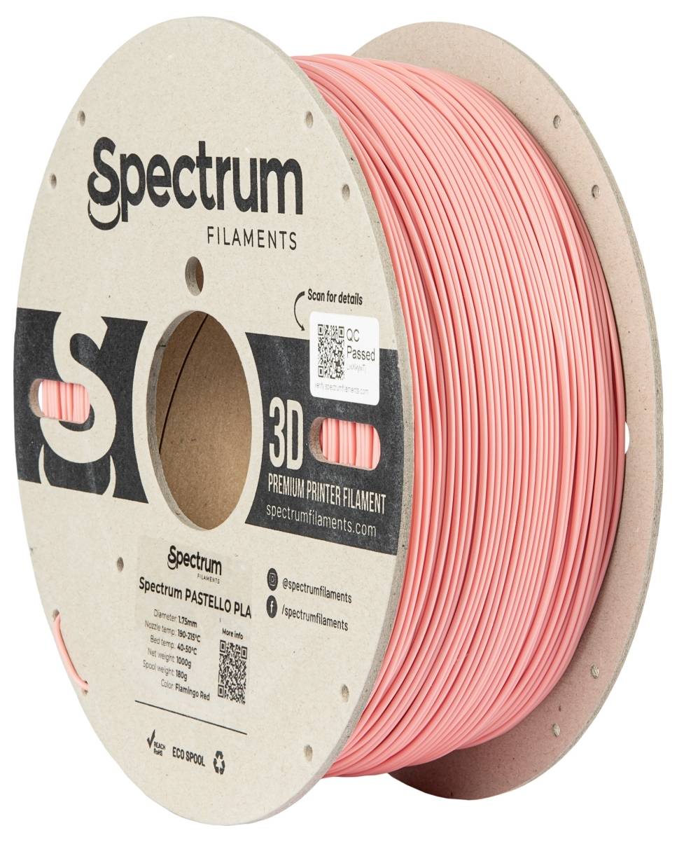 Rulle med rosa 3D-skrivarfilament från Spectrum, märke på förpackningen.