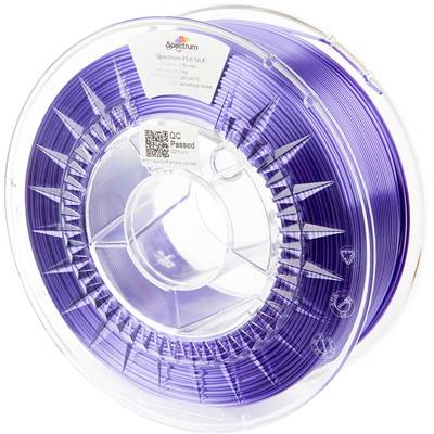 Lila 3D-printfilament på en transparent spole, märkt med dekaler för specifikation och kvalitetskontroll.