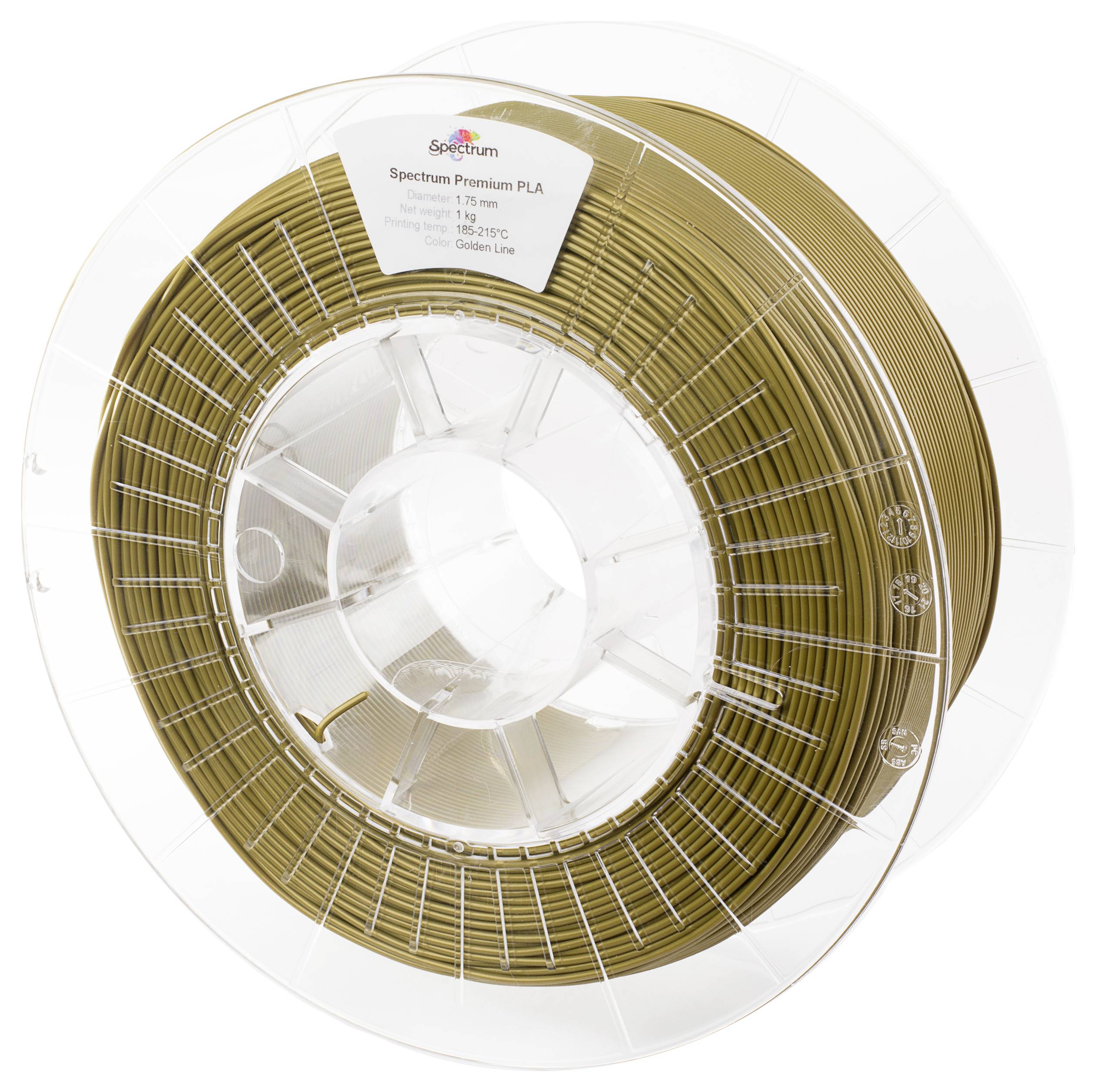 Spole med guldfärgat 3D-skrivarfilament. Etikett på spolen: Spectrum Premium PLA, Färg: Gyllene Line. Material för 3D-skrivare.