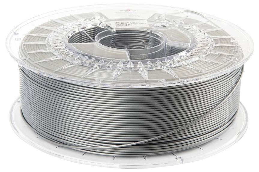 En transparent spole innehåller grått 3D-utskriftsfilament som är tätt lindad och redo att användas i en 3D-skrivare.