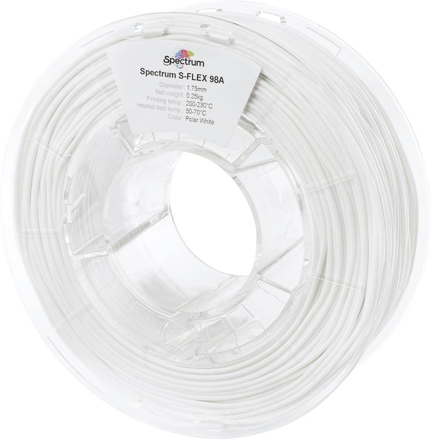 En rulle vitt 3D-skrivarefilament, märke Spectrum S-FLEX 98A, med detaljer som diameter, längd, skrivar- och värmesängtemperatur.