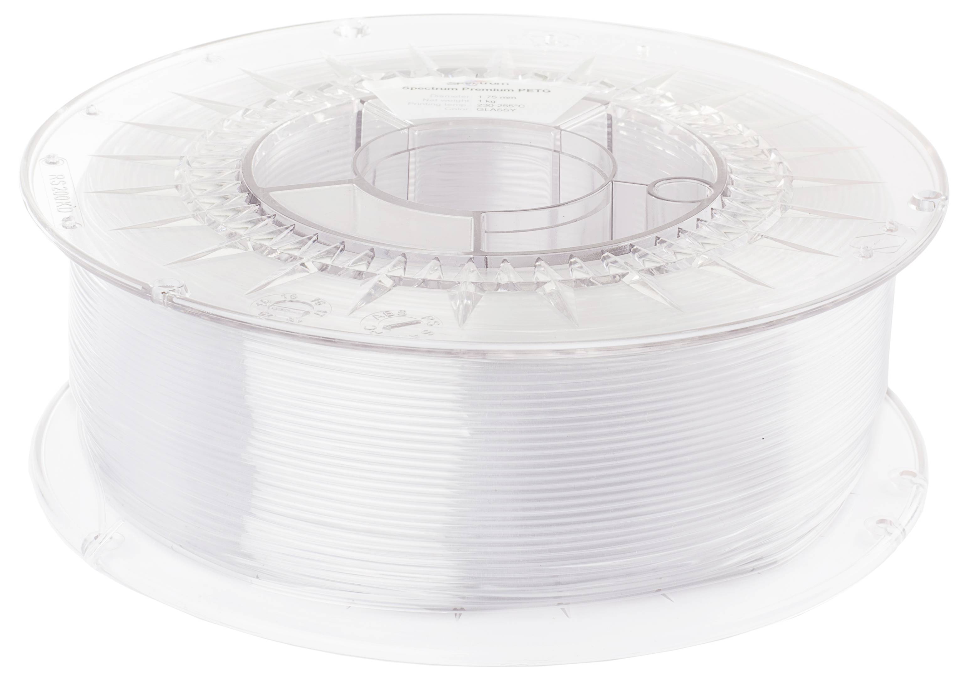 En spole med vitt 3D-skrivarfilament, transparent hölje, använd för additiv tillverkning.