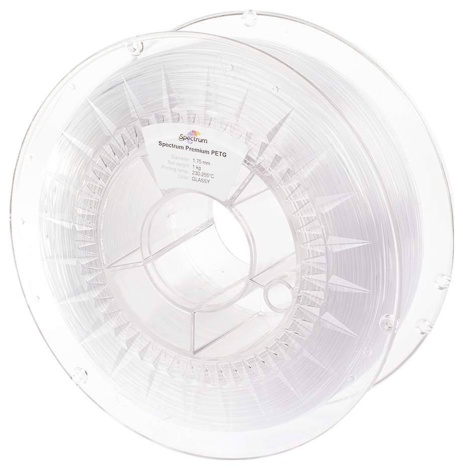 En spole med transparent 3D-skrivarfilament, märkt som 'Spectrum Premium PETG'.