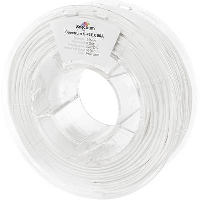 Rund spole med vitt 3D-skrivarmaterial. Etiketten överst visar 'Spectrum S-FLEX 90A', diameter 1,75 mm, utskriftstemperatur 200-230°C.