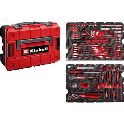 Röd-svart Einhell verktygslåda med komplett sortiment av skruvmejslar, tänger, borrar och hylsor.