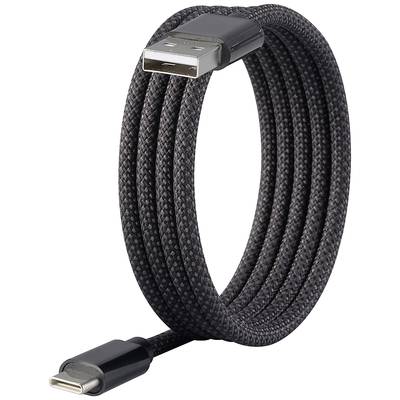 Svart flätad USB-kabel med en USB-A-kontakt på ena sidan och en USB-C-kontakt på den andra sidan.