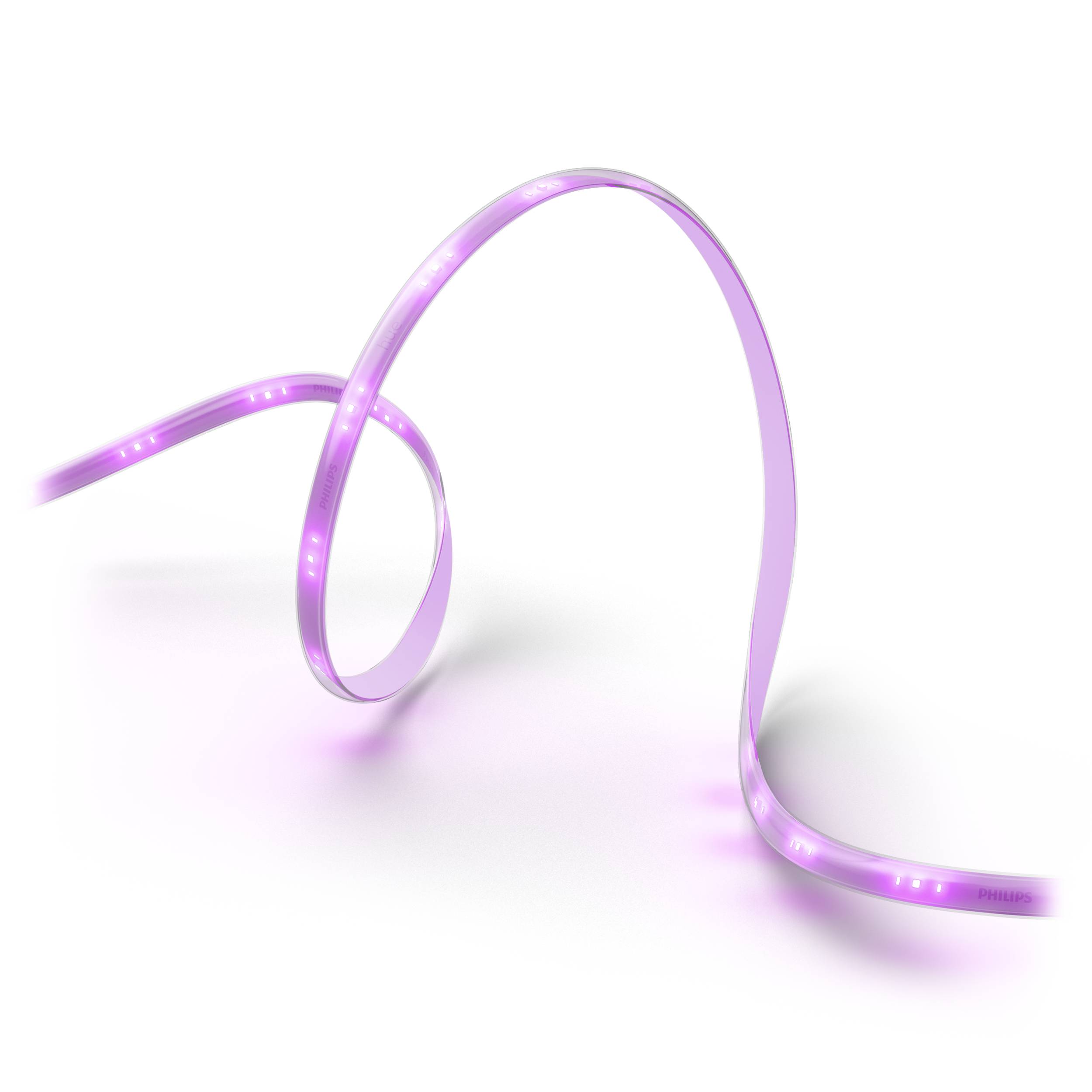 Ett flexibelt LED-ljusband lyser i violett ljus på vit bakgrund.