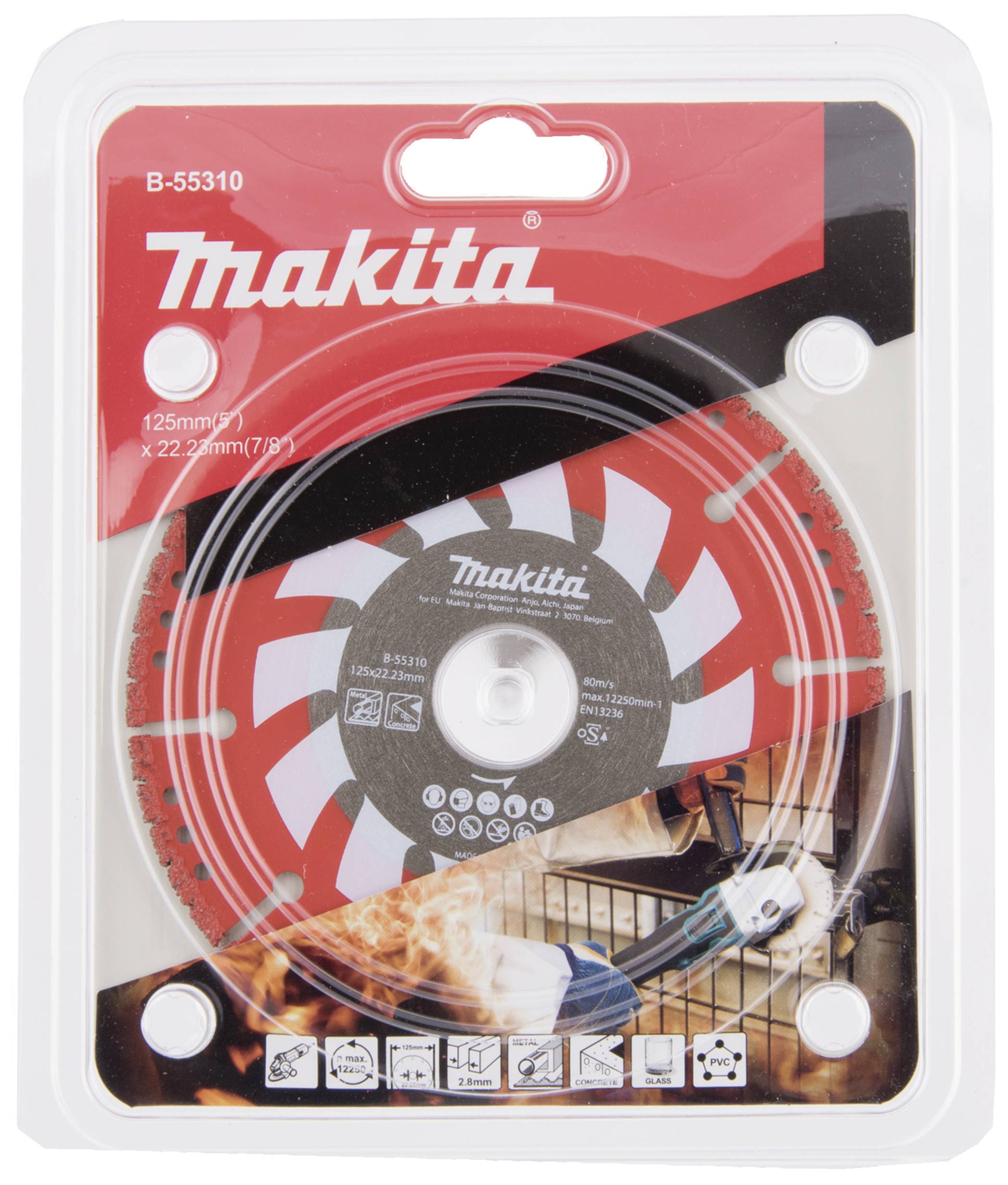 Förpackat Makita-sågblad för sten, diameter 125 mm, röd design. Framsidan visar användningsinstruktioner och säkerhetsuppgifter.