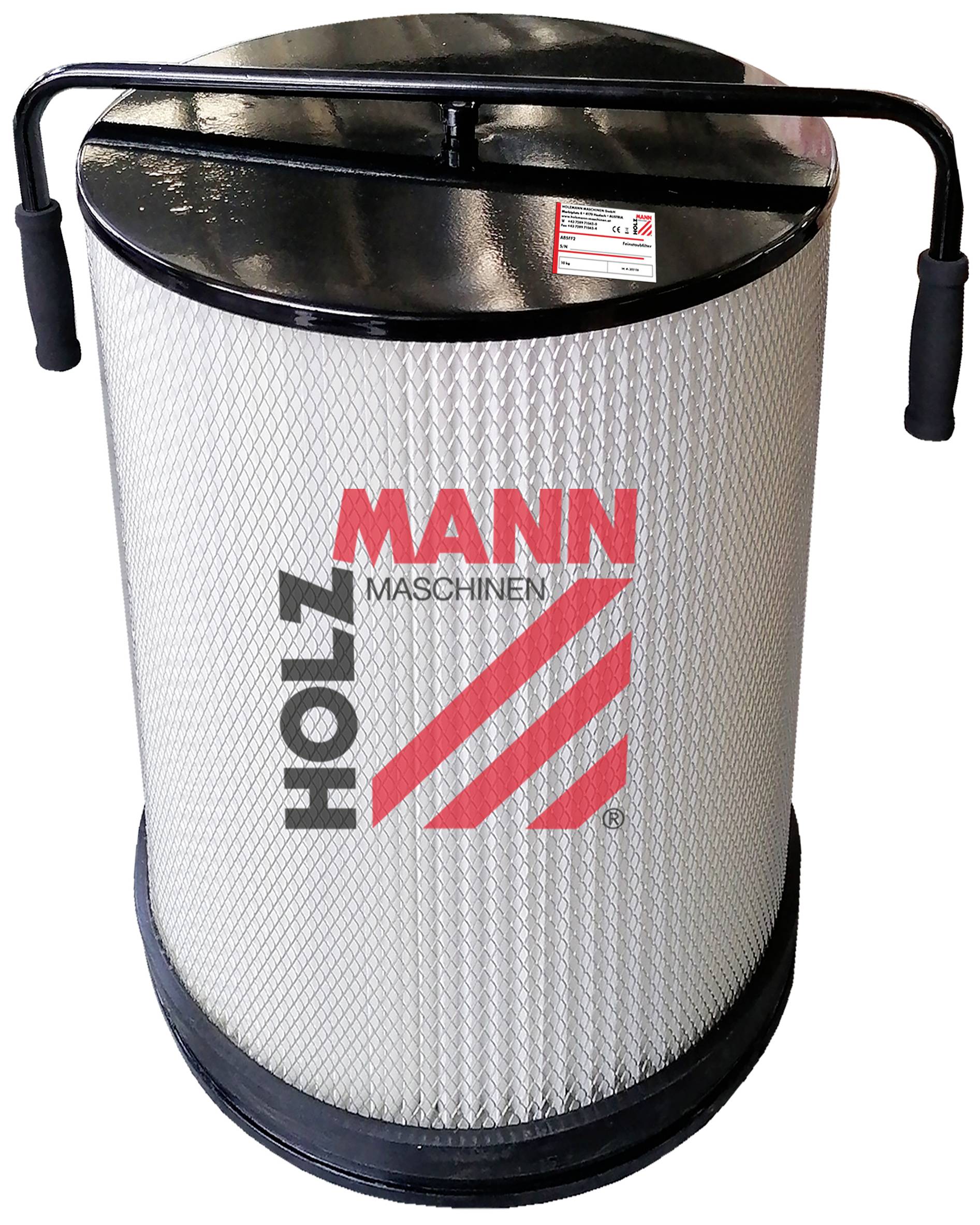 Cylindrisk apparat med handtag, märkt med 'Holzmann Maschinen'. Det verkar vara en maskinkomponent eller ett filtersystem.