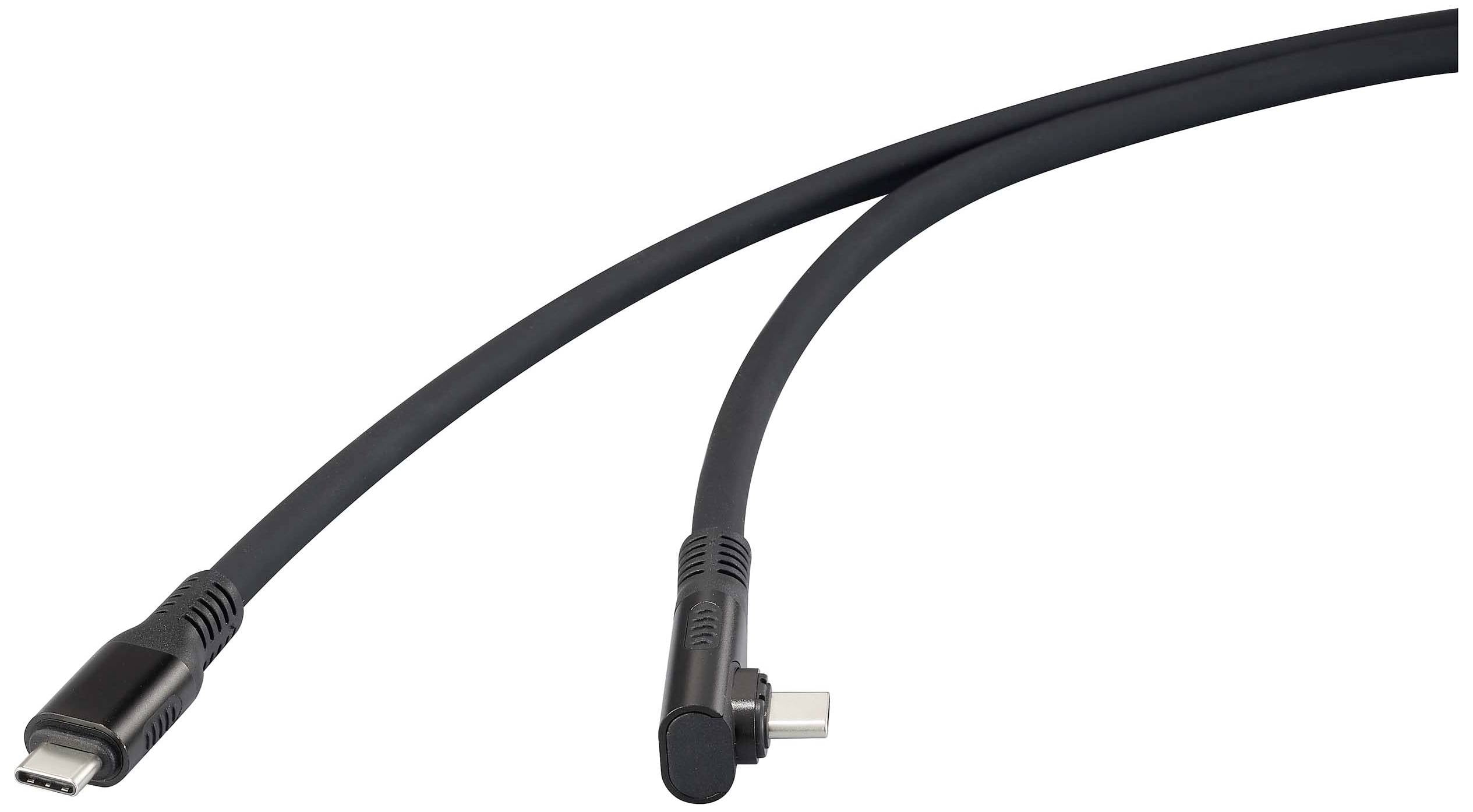 Två svarta USB-C-kablar med vinklade kontakter, förbundna genom en flexibel sladd, visar mångsidig anslutningsförmåga.