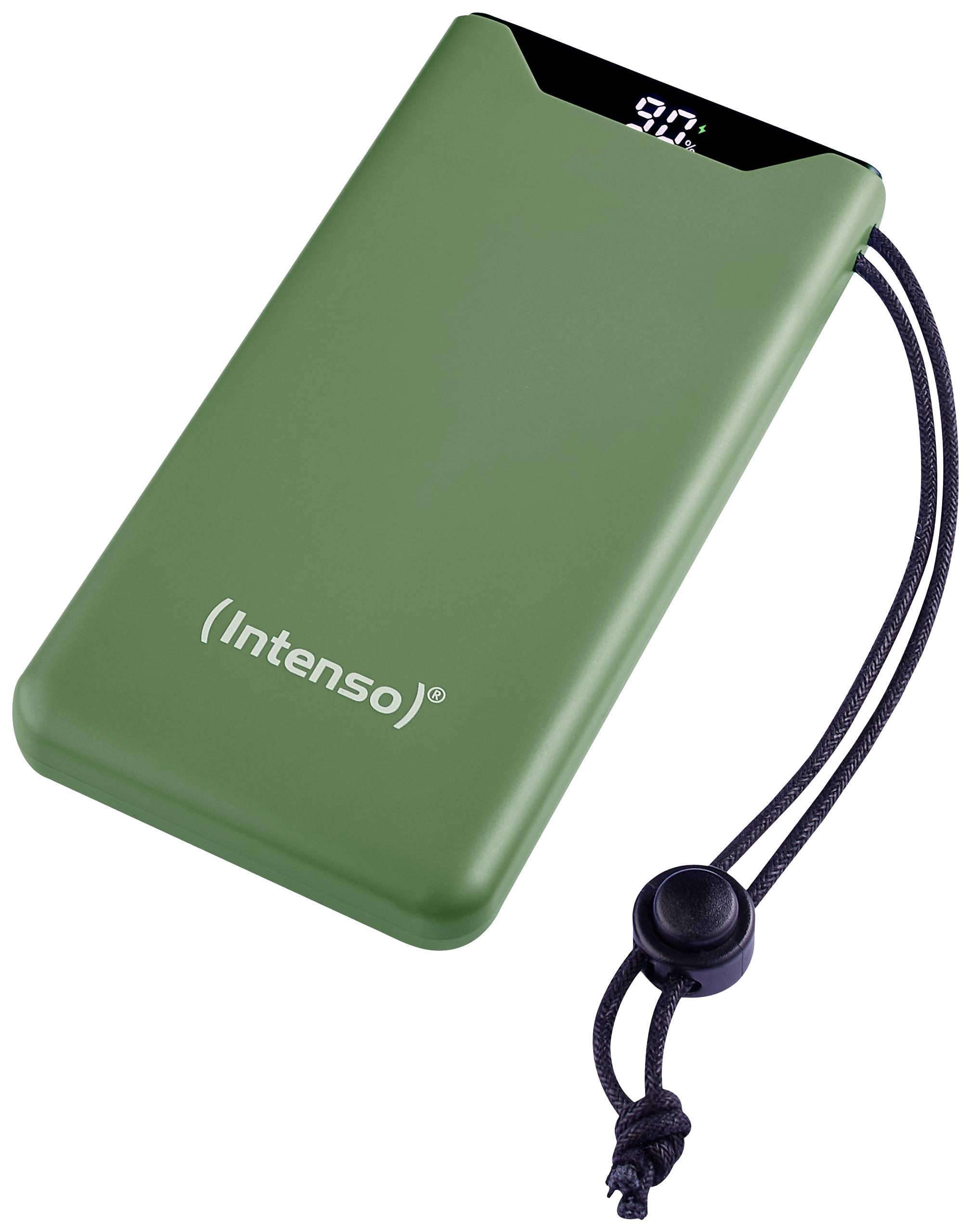 Grön portabel powerbank med svart display som visar laddningsstatus och en slinga för enkel bärbarhet.