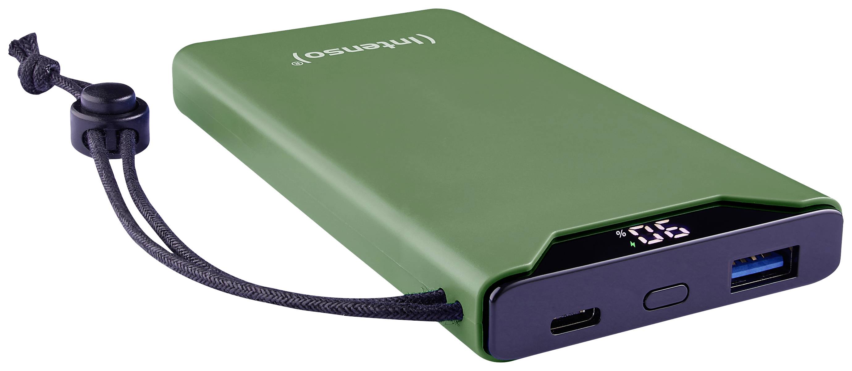 Grön powerbank med USB- och USB-C-portar, laddningsindikator och fästrem.